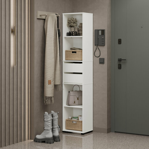 Шкаф пенал напольный с полками и выдвижными ящиками для прихожей балкона Кео ПН-130 молочный белый 1763х281х361 мм 4944₽