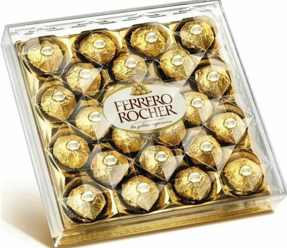 Ferrero Rocher из молочного шоколада, с начинкой из крема и лесного ореха, 300 г, пластиковая коробка, 24 шт. в уп.