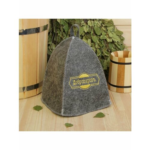 Шапка для бани классическая, серая с золотой вышивкой
