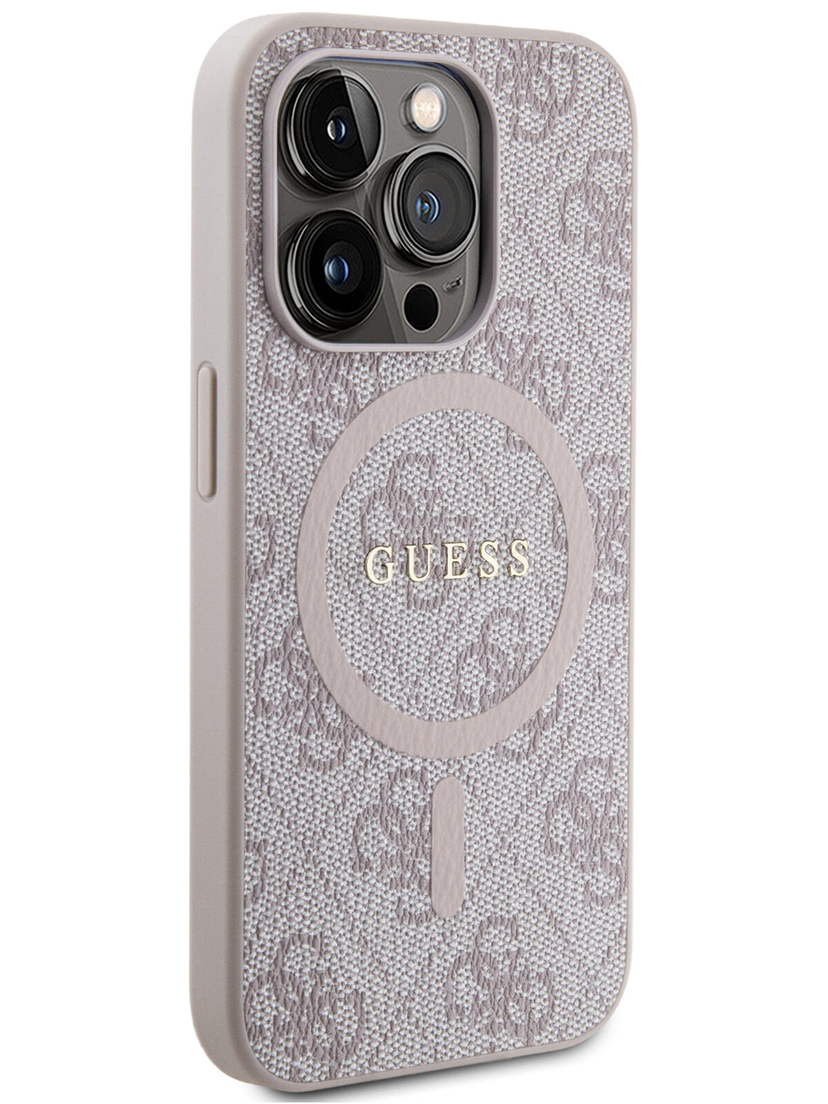 Guess для iPhone 15 Pro Max чехол PU 4G Colored ring Metal logo Hard Pink (MagSafe)