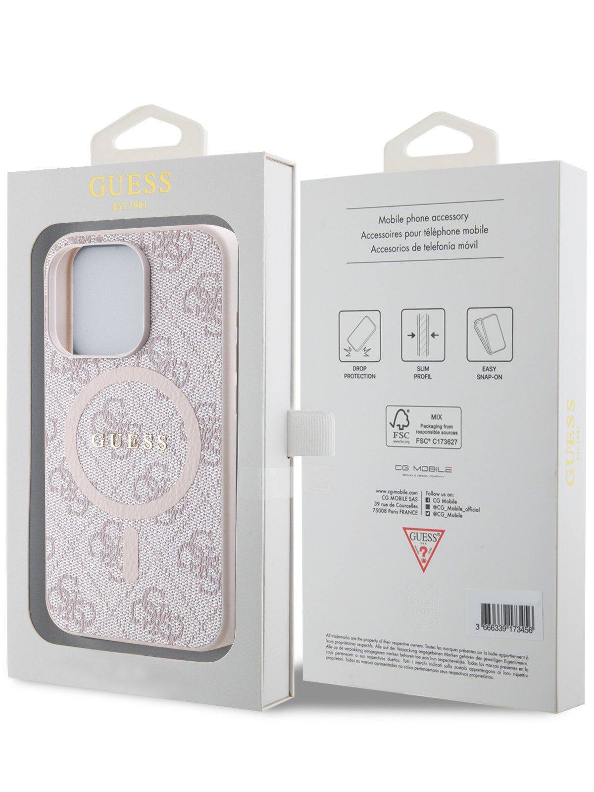 Guess для iPhone 15 Pro чехол PU 4G Colored ring Metal logo Hard Pink (MagSafe)