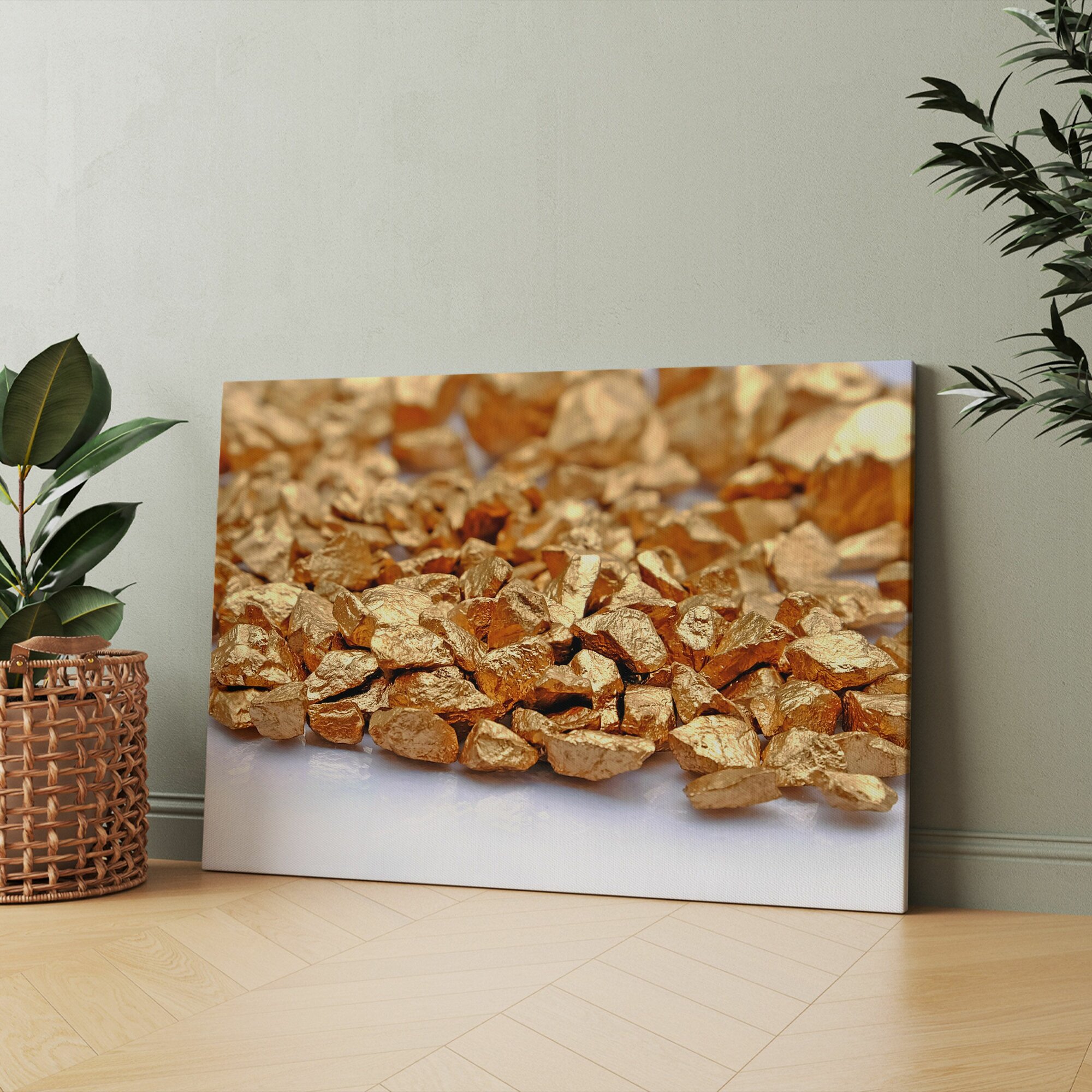 Картина на холсте "Куча золотых самородков на белой поверхности" 40x60 см. Интерьерная, на стену.