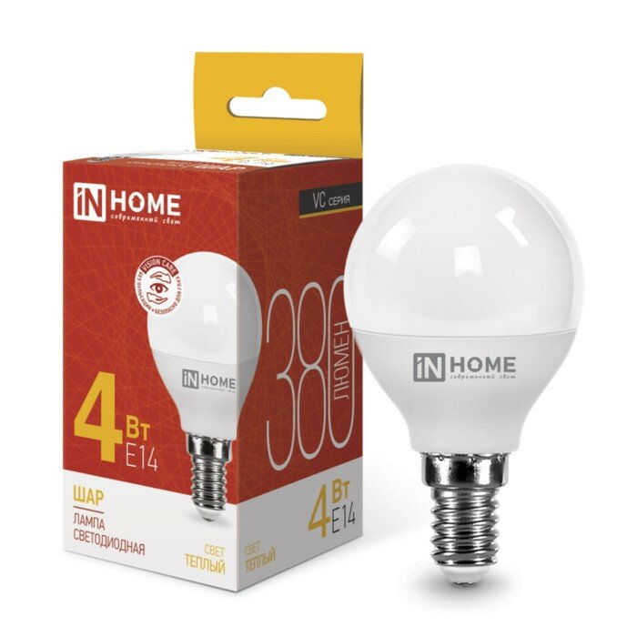 INhome Лампа светодиодная IN HOME LED-ШАР-VC, 4 Вт, 230 В, Е14, 3000 К, 380 Лм