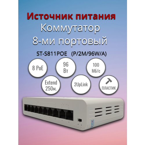 Коммутатор POE 8-ми портовый ST-S811POE (P/2M/96W/А). Switch