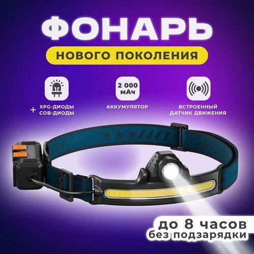 Налобный фонарь светодиодный несколько режимов свеченияАккумуляторный LED для рыбалки охотыс зарядкой от USB черный 1120₽