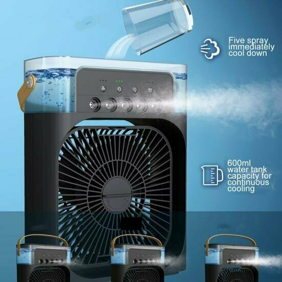 фото Вентилятор настольный с функцией кондиционера, портативный вентилятор, увлажнитель воздуха с разноцветной подсветкой, охладитель, черный