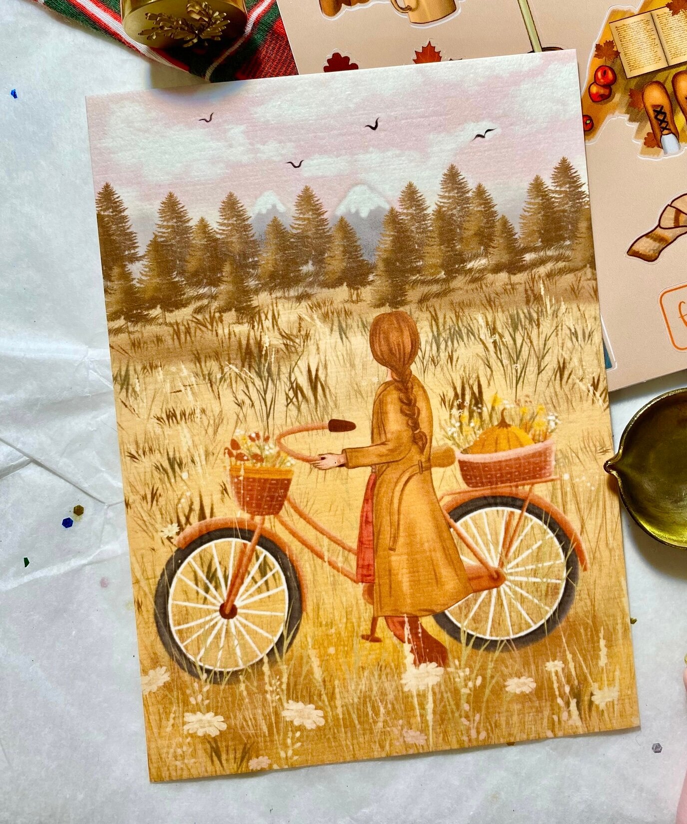 Открытка {лес} на дизайнерском картоне, fox stickers