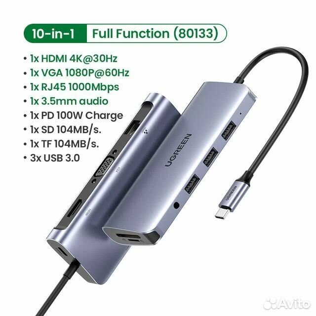 Адаптер UGREEN CM179 (80133) USB-C Multifunction Adapter. Цвет: серый космос.
