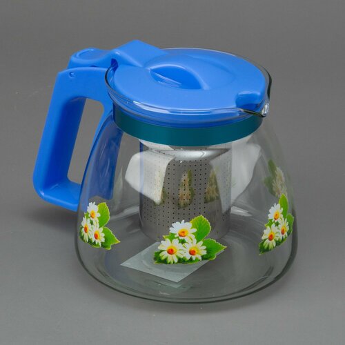 Чайник заварочный стеклянный с металлическим ситечком 900 мл голубой заварочник 786₽