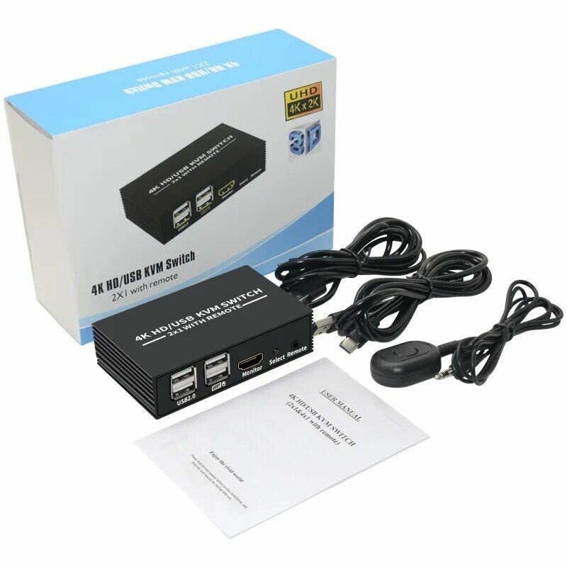 4K USB HDMI KVM Switch свитч, переключатель квм 2-1 свитчер модель 2023 года с выносной кнопкой