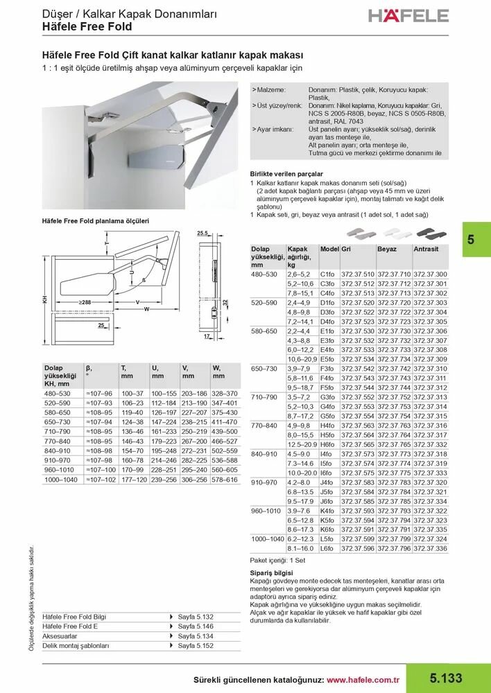 Комплект подъёмного механизма FREE FOLD для 1 шкафа, белый 770-840 (8,0-15,5кг)