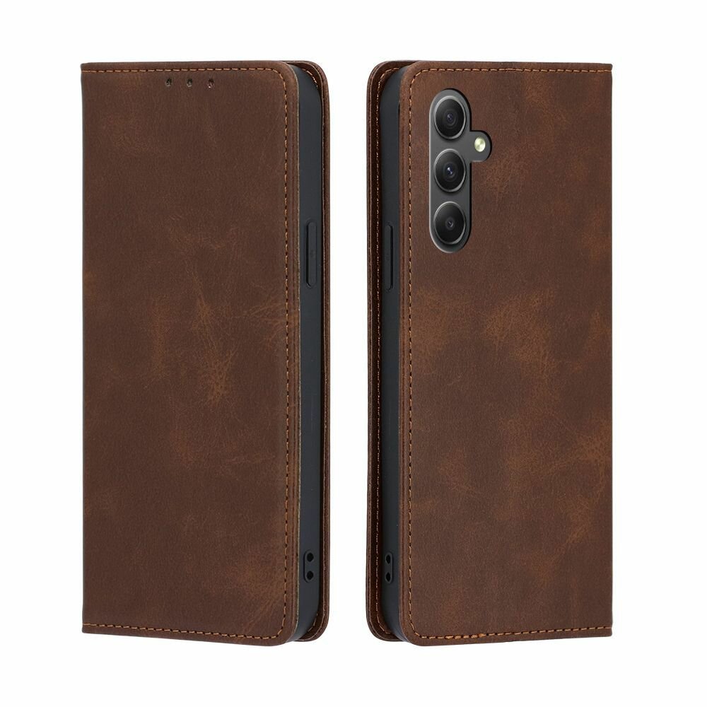 Чехол-книжка MyPads для Samsung Galaxy A34 5G / Самсунг А34 5G, Телячья кожа, закрывающаяся на магнит, коричневый