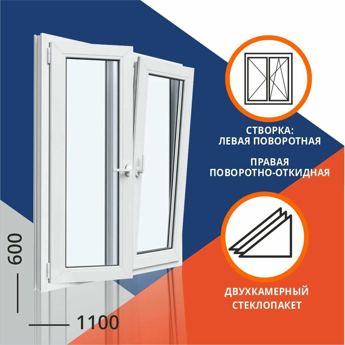 фото Окно двухкаменое 1100x600 мм двухстворчатое: левая поворотная, правая поворотно откидная GRAZIO