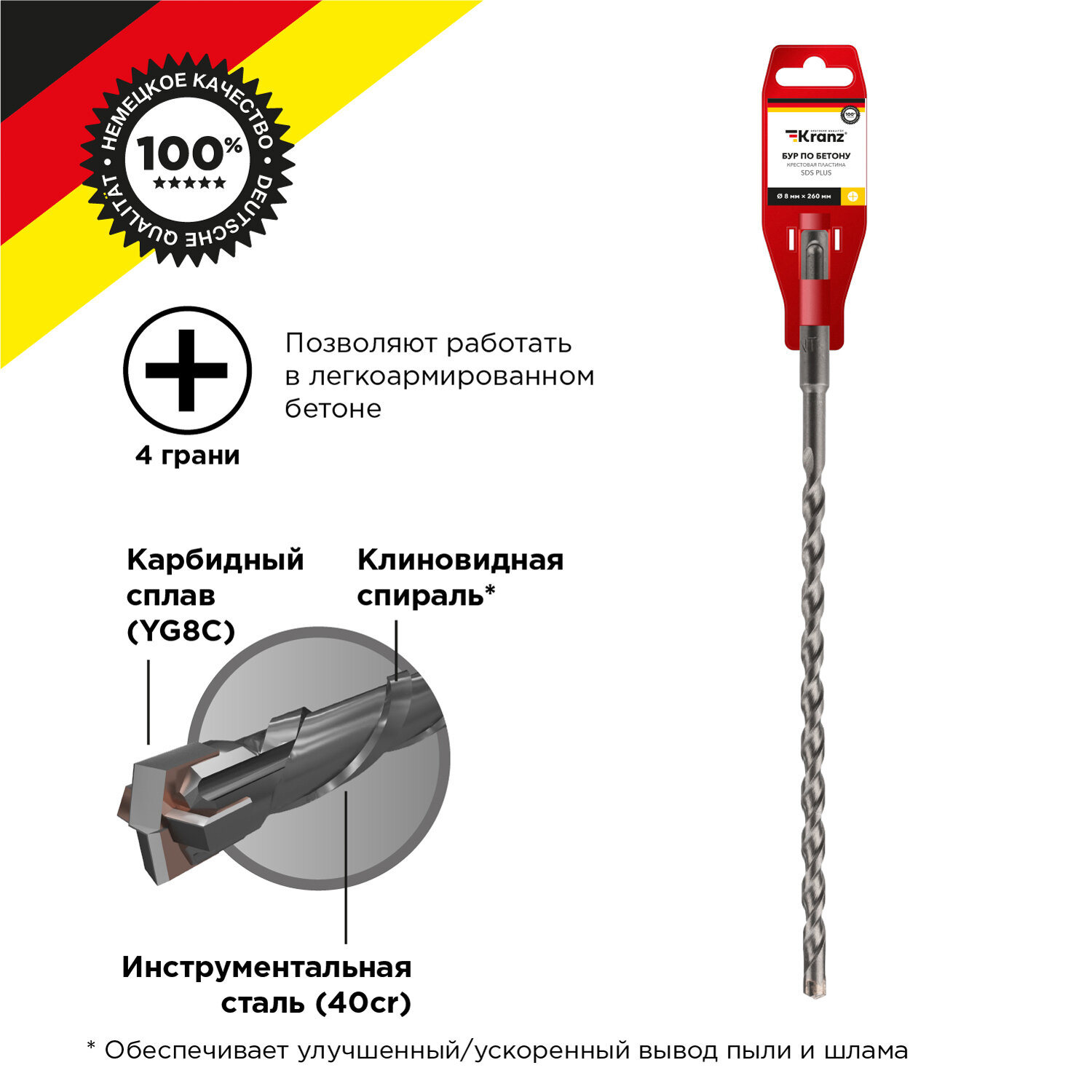 Бур по бетону 8x260x200 мм крестовая пластина SDS PLUS Kranz