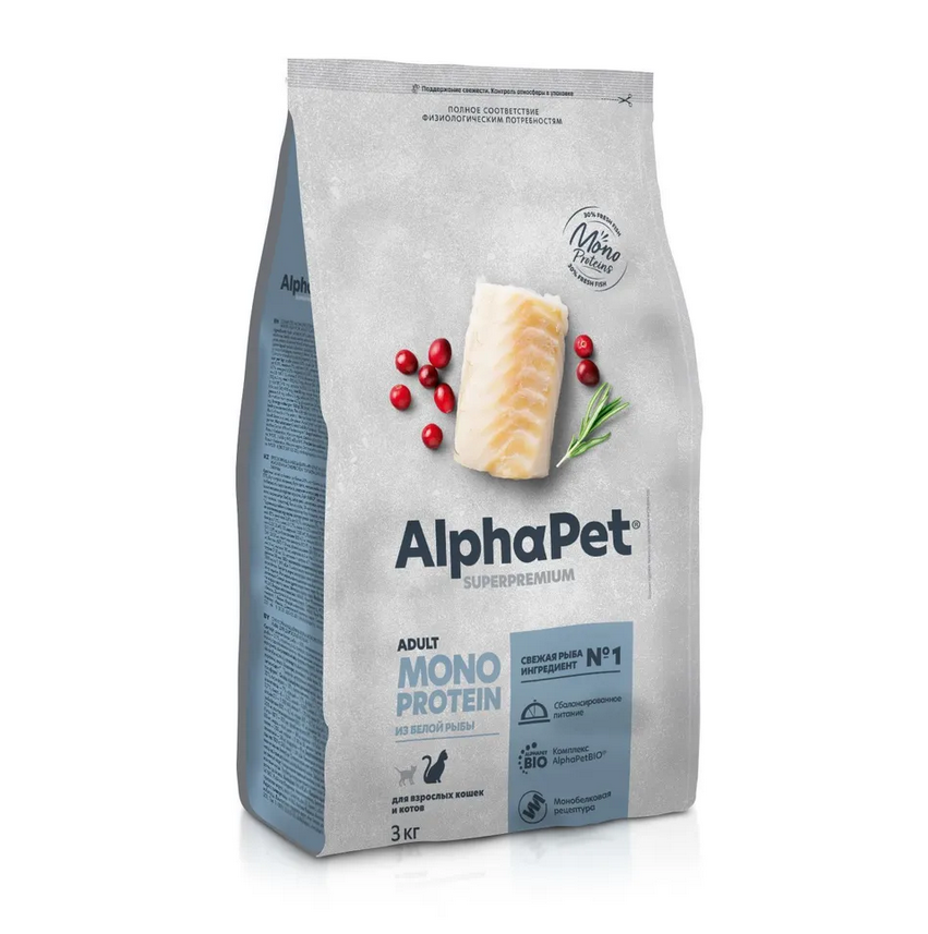Сухой корм AlphaPet Monoprotein (АльфаПет) для кошек, белой рыбой, 3 кг