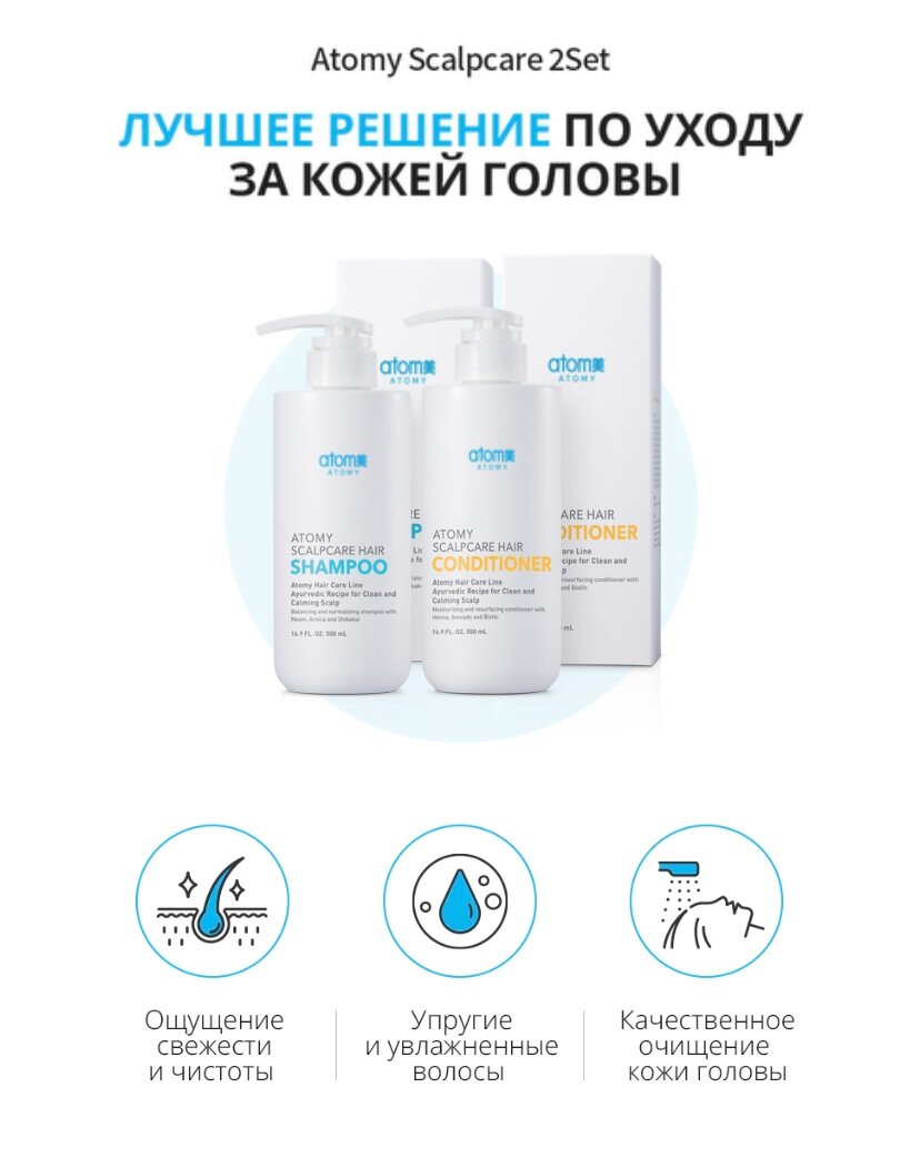 Картинки Набор для очищения волос и кожи головы, Шампунь и Кондиционер по 500 мл для глубокого очищения, Атоми Скалпкеар/Atomy Scalpcare, Корея