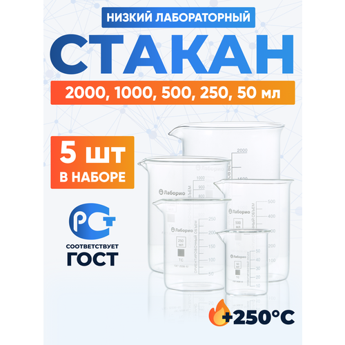 Набор (2000, 1000, 500, 250, 50 мл) мерных стаканов (тип Н, низкий с делениями и носиком, термостойкий)