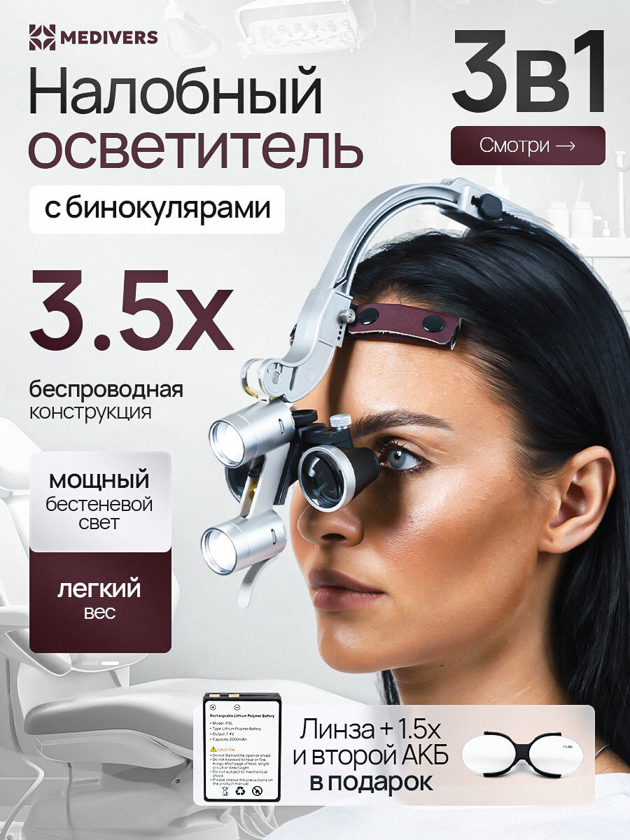 Бинокуляры стоматологические со светом 3.5х + линзы 1,5 и 2 АКБ в кейсе