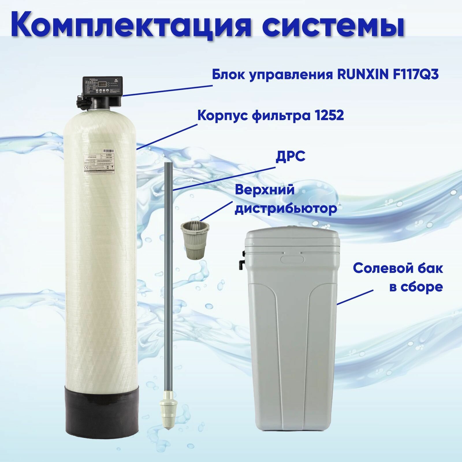 Система очистки воды DS 1252 Q. Комплект фильтр умягчения, обезжелезивания воды из водопровода, колодца, скважины, для дома и дачи. Потребители до 4 человек