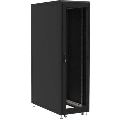 Напольный 19 серверный шкаф MIROTEK 42U, ширина 600мм, глубина 1050мм, двери вентилируемые 86%перфорации: спереди одностворчатая, сзади двухстворчатая, грузоподъемность 1500кг, ролики, цвет RAL9005 (черный) MIROTEK МИР MIR3100