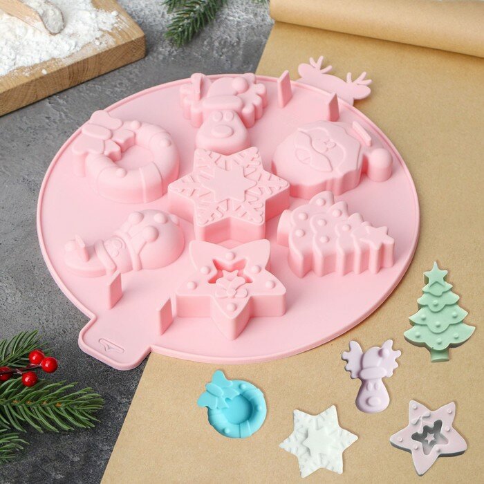 Форма для выпечки Доляна «Новый год», силикон, 23×23×2,3 см, 7 ячеек, цвет розовый