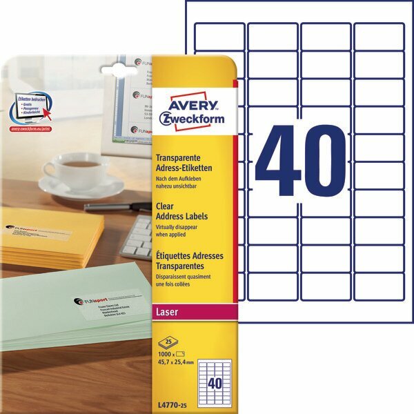 Прозрачные адресные этикетки Avery Zweckform [L4770-25] для цветных лазерных принтеров (45.7x25.4 мм, 1000 шт, 25 листов)