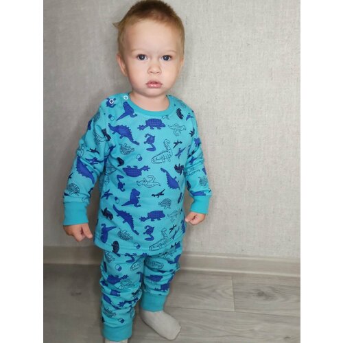Пижама Звездочка детская для мальчиков, брюки, лонгслив, брюки с манжетами, рукава с манжетами, застежка на плече, размер 2\92, голубой, синий