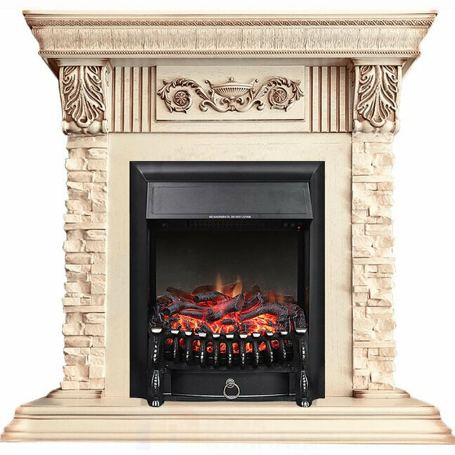 фото Каминокомплект Royal Flame Luxemburg (каменный) - Сланец/Cлоновая кость с патиной с очагом Fobos FX Black