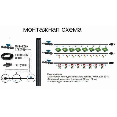 Комплект капельного полива для системы автополива с фитингами и капельной лентой 100 метров, шаг 20 см.