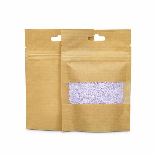 Крафт пакет дой пак с замком зип лок 100*150 мм с окном 30 мм 160 мкм крафт в полоску 20 шт