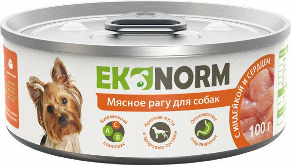 EKONORM влажный корм для взрослых собак мясное рагу с индейкой и сердцем в консервах - 100 г х 24 шт