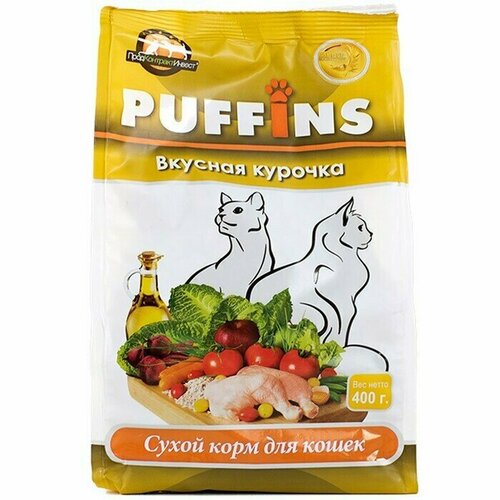 Корм сухой для кошек, PUFFINS, Вкусная курочка 400г, 1 шт.