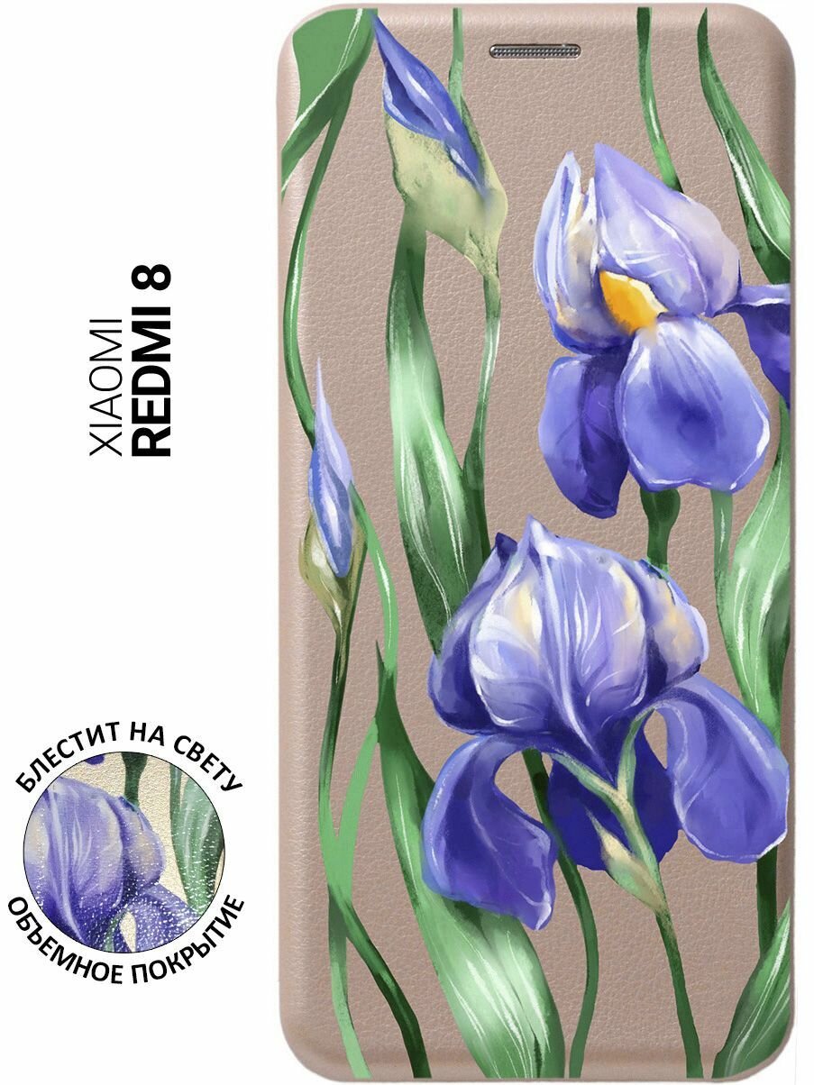 Чехол-книжка на Xiaomi Redmi 8 / Сяоми Редми 8 с 3D принтом "Amazing Irises" золотистый