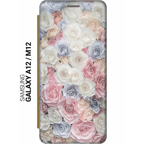 Чехол-книжка на Samsung Galaxy A12, M12, Самсунг А12, М12 c принтом "Пастельные розы" золотистый