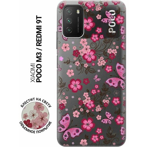 Ультратонкий силиконовый чехол-накладка ClearView для Xiaomi Poco M3 с 3D принтом Butterflies and Flowers ультратонкий силиконовый чехол накладка clearview 3d для samsung galaxy a72 с принтом butterflies and flowers