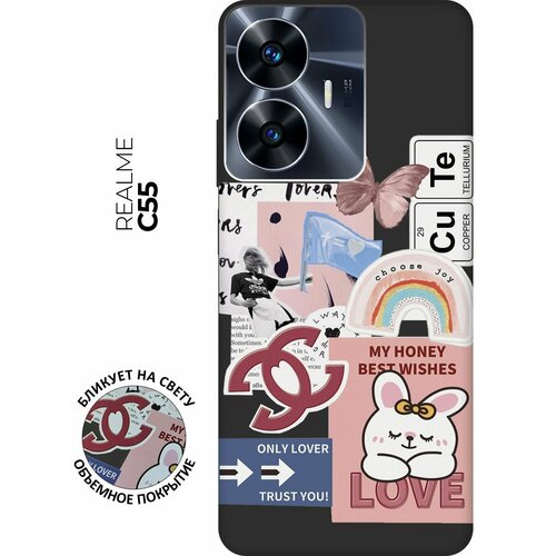 Матовый чехол Cute Stickers для Realme C55 / Рилми С55 с 3D эффектом черный черный, розовый