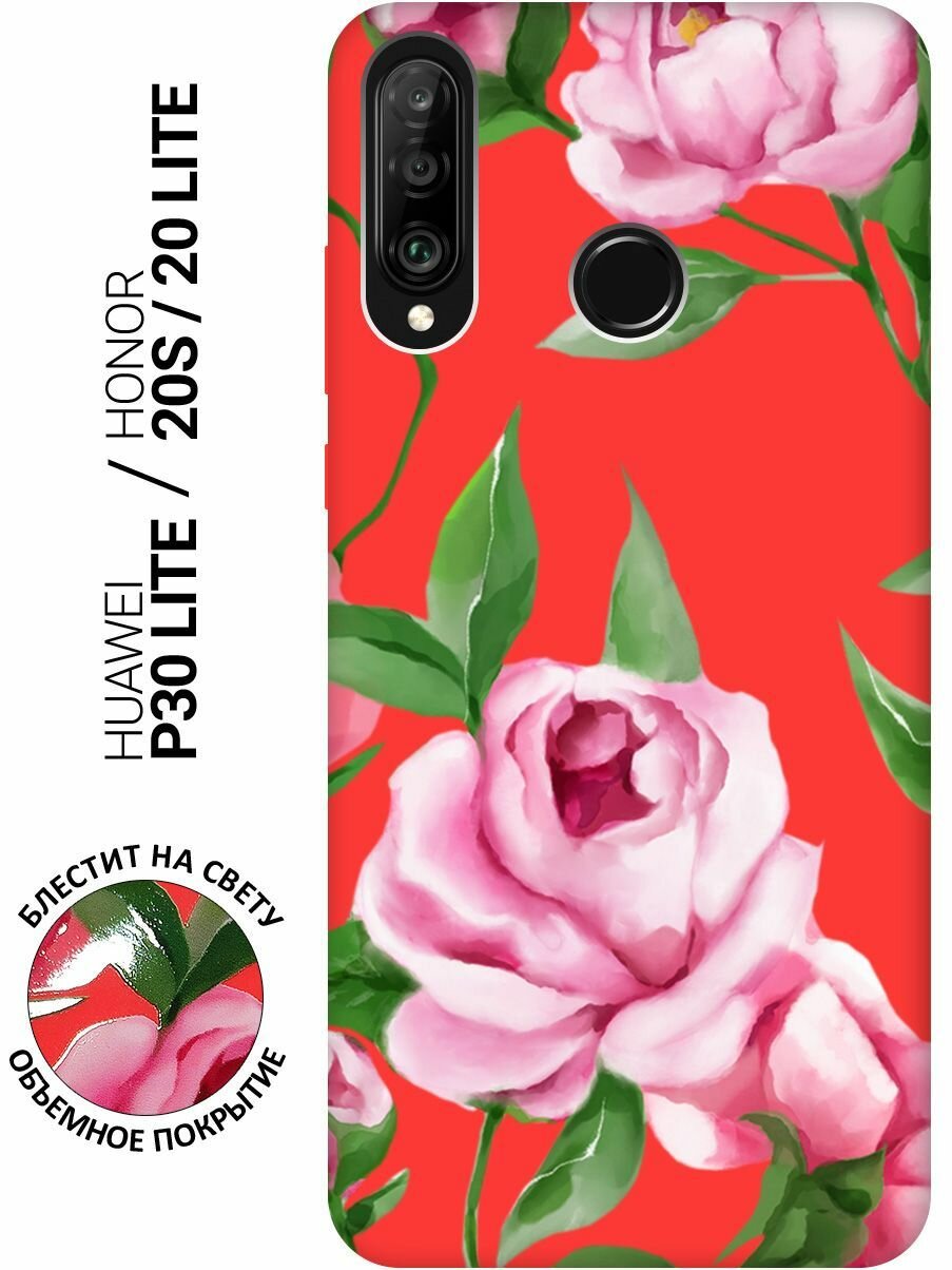 Силиконовый чехол на Honor 20 Lite / 20s / Huawei P30 Lite / Хуавей Хонор 20 Лайт Silky Touch Premium с принтом "Amazing Peonies" красный