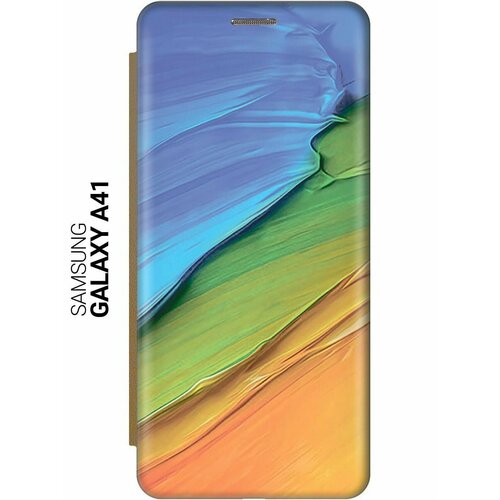 чехол книжка на samsung galaxy a02 самсунг а02 c принтом желто синие ткани золотистый Чехол-книжка на Samsung Galaxy A41, Самсунг А41 c принтом Желто-синие ткани золотистый