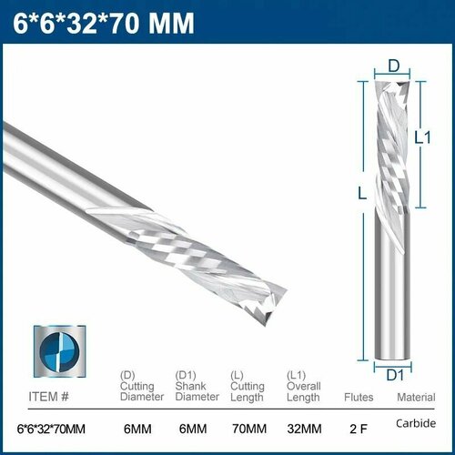 Фреза компрессионная двухзаходная XCAN по дереву, 6х32х70мм стружка вниз фреза компрессионная двухзаходная xcan по дереву 6х17х50мм стружка вниз