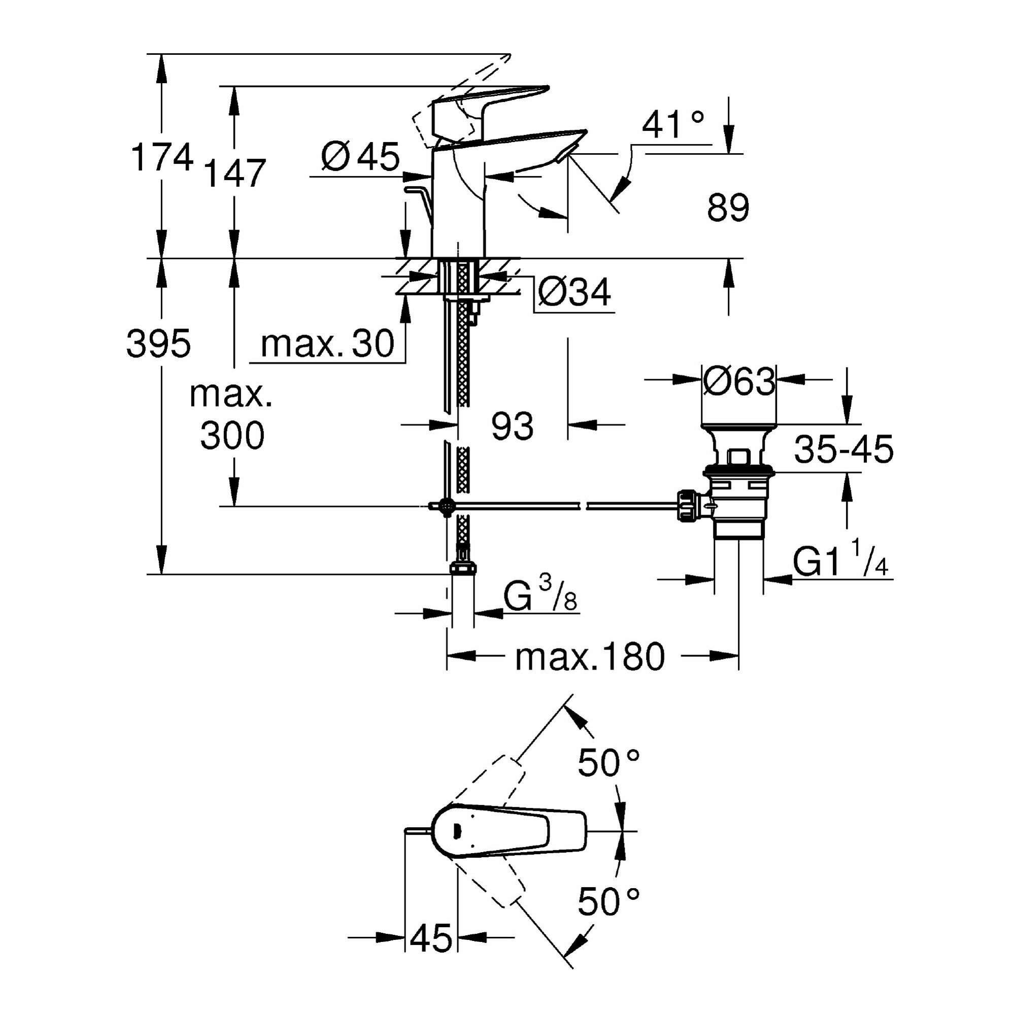 Смеситель для раковины BauEdge Grohe c ограничителем темп-ры, размер S хром