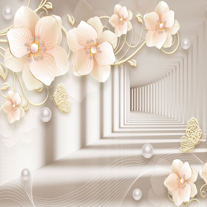 фото Фотообои на стену флизелиновые "3D бежевые цветы и тоннель" 270X270 см