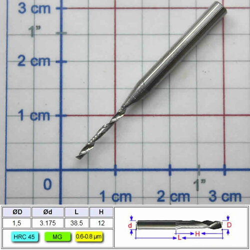 Фреза концевая спиральная 1 зуб широкая канавка торец Ø1.5х12 хвостовик Ø3.175х38.5 HRC45