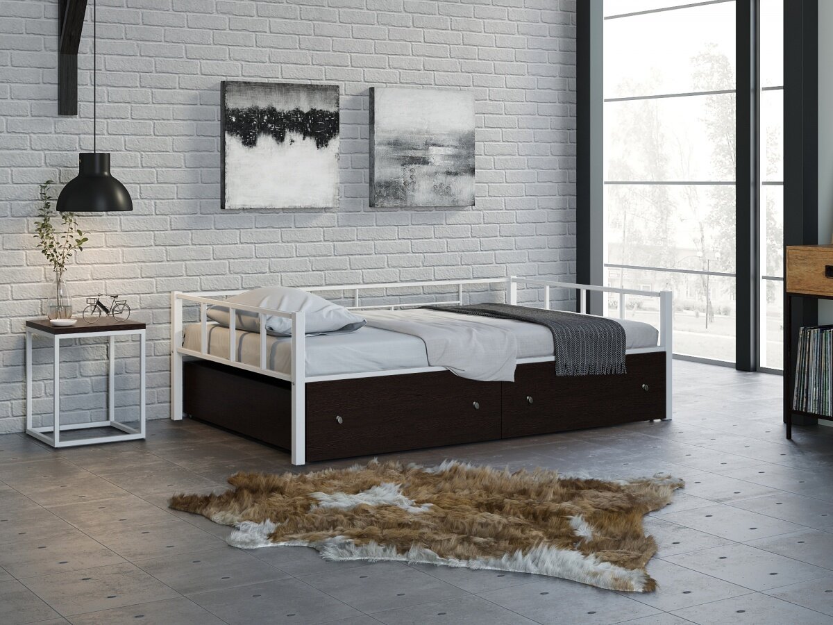 Кровать металлическая Арга 120х190 Белая с ящиками венге