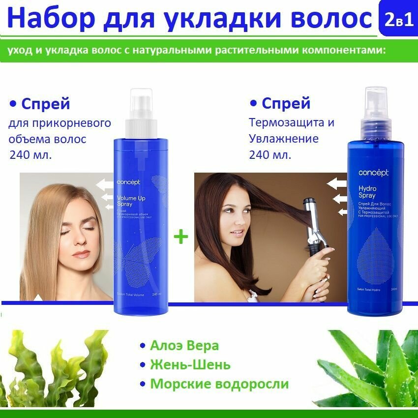 Набор для укладки волос Concept, увлажнение, термозащита, прикорневой объем с натуральными растительными компонентами (спрей 2шт. х 240 мл).)