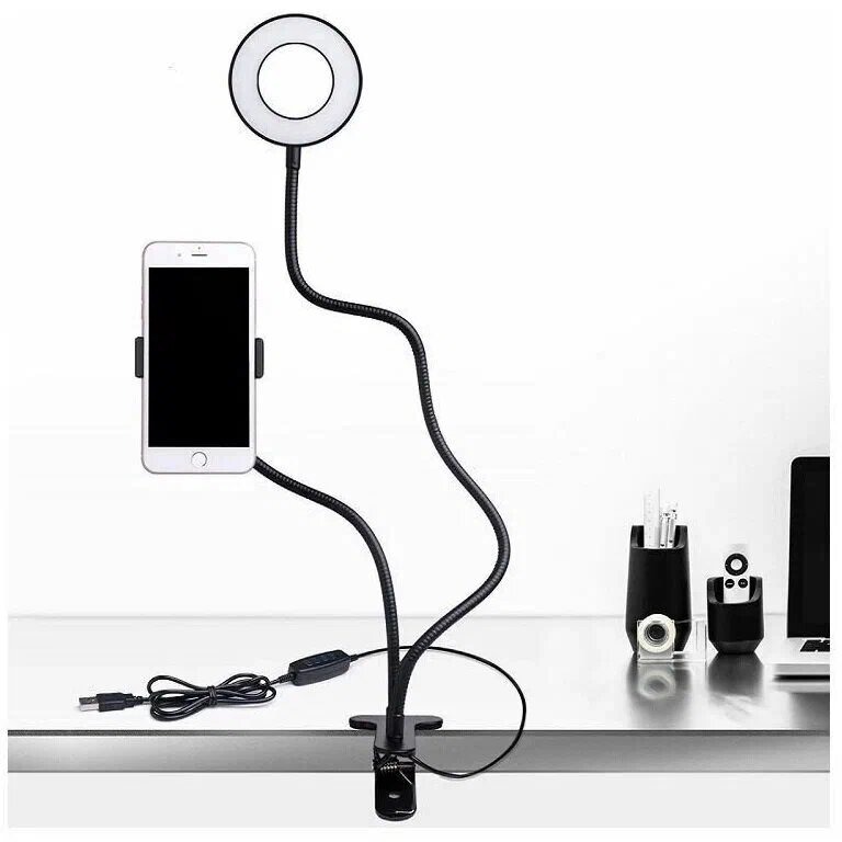Кольцевая селфи-лампа с держателем для телефона черная