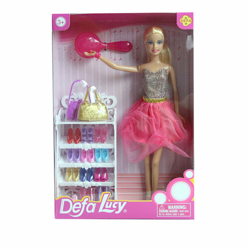 Кукла DEFA Lucy Супермодель (29 см, полка с обувью, сумки, расческа, серо-розовый)