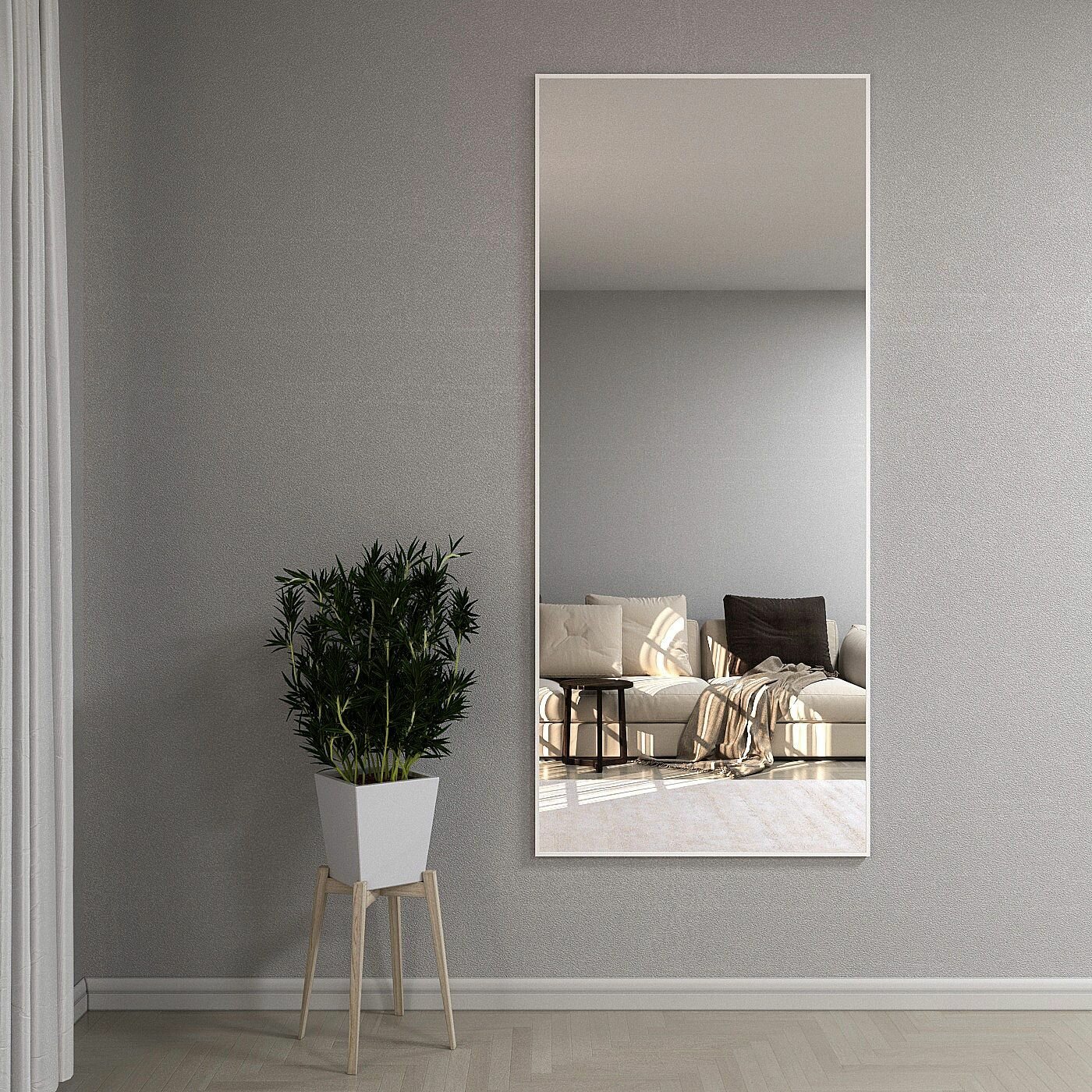 Зеркало настенное в алюминиевой раме ALUMIRROR, 200х80 см. Цвет: Белый - фотография № 2