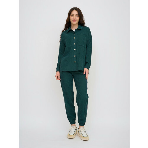 Костюм Olya Stoforandova, рубашка и брюки, повседневный стиль, свободный силуэт, карманы, манжеты, пояс на резинке, размер 48, зеленый