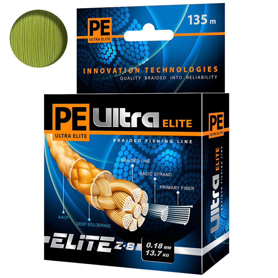 Плетеный шнур для спиннинга AQUA PE ULTRA ELITE Z-8 0,18 мм 135 м, цвет - оливковый, test - 13,70 кг