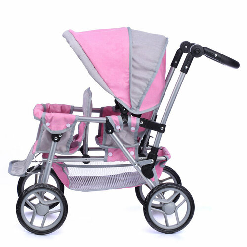 Коляска для кукол 9386 для двойни, металлическая, прогулочная, с тентом, с корзиной, цвет серо-розов